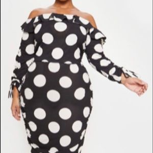 Brand New PLT Black Polka Dot Ruched Side Bardot Size 22 Length approx 107cm/42"